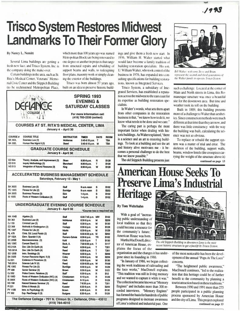 UWW 1993 “Trisco Restores Midwest Landmarks” Article