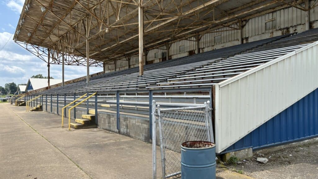 Typical grandstand or stadium seating area with storage and offices below.