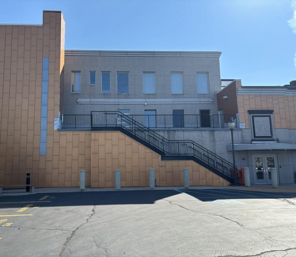 Elevated plaza deck with office space beneath.